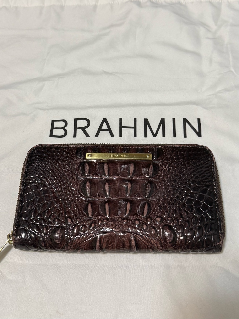 Brahmin Croc-Embossed Zip Wallet in Dark Brown with Gold Hardware